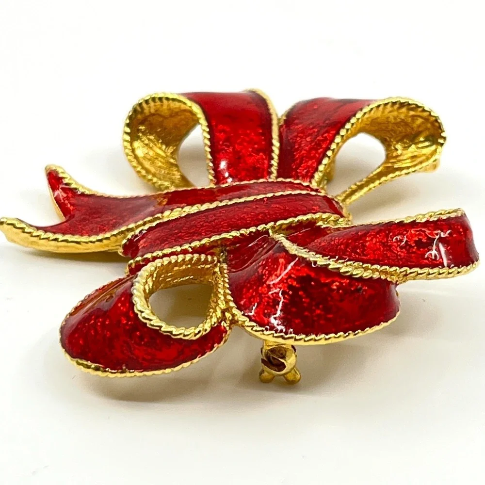 Vintage AJC Red Enamel Bow Brooch, Gold Tone Textured Holiday Ribbon Pin Classic
